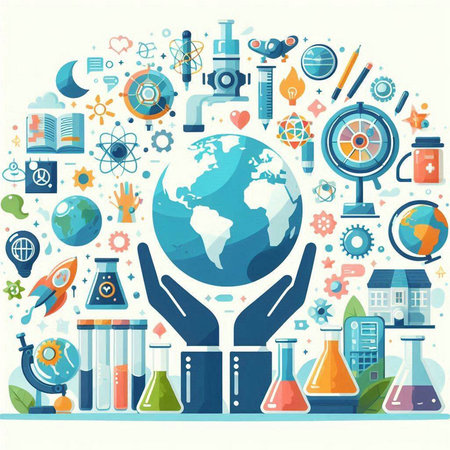 Vector science and education background with globe, microscope, test tubes and iconsのイラスト素材