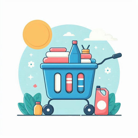 Shopping cart with products. Vector illustration in flat cartoon style.のイラスト素材