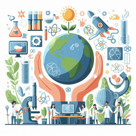 Scientific research, biotechnology and chemistry concept. Scientist working with microscope, test tubes, flasks and plants. Vector illustrationのイラスト素材