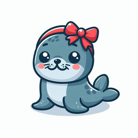 Cute seal with a red bow on its head. Vector illustration.のイラスト素材