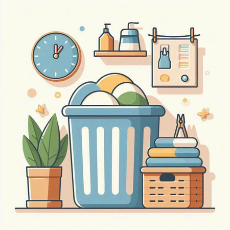 Flat design vector illustration concept of zero waste lifestyle. Basket with garbage, household items and tools.のイラスト素材