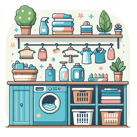 Laundry room with washing machine, dry cleaning equipment. Vector illustration.のイラスト素材