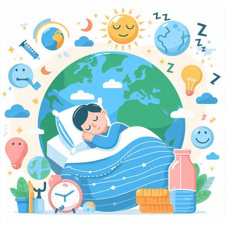 Sleeping boy in bed. Time to sleep. Vector illustrationのイラスト素材