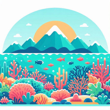 Underwater landscape with corals, fishes and mountains. Vector illustration.のイラスト素材