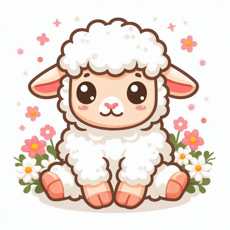 Cute cartoon sheep with flowers on white background. Vector illustration.のイラスト素材