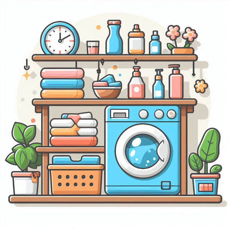 Laundry room with washing machine and cleaning products. Vector illustration.のイラスト素材