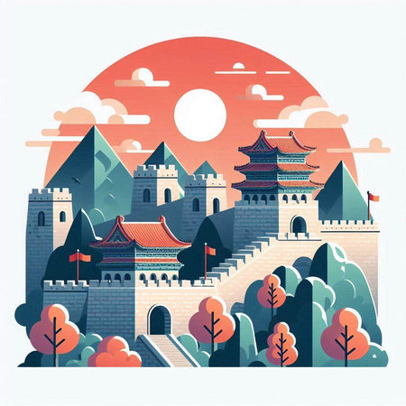 Ancient Chinese fortress. Vector illustration in flat style. Landscape of China.のイラスト素材