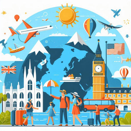 Travel and tourism background with famous world landmarks. Vector illustration in flat styleのイラスト素材