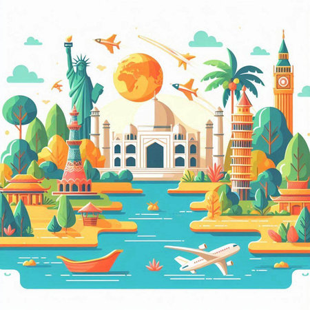Travel around the world. Colorful vector illustration in flat style.のイラスト素材