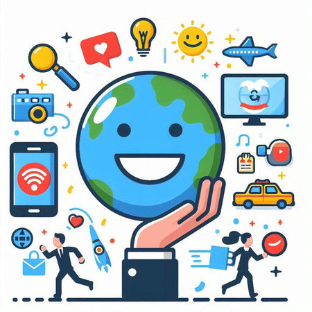 Vector illustration in flat line style - happy man with globe and social network iconsのイラスト素材