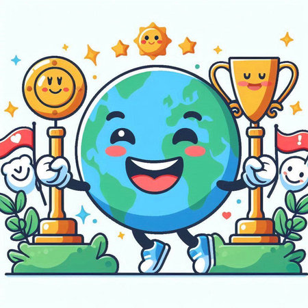 Vector illustration of cute cartoon globe character running with trophy cup. Line art design for web, site, advertising, banner, poster, board and print.のイラスト素材