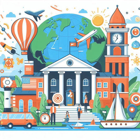 Traveling around the world. Vector illustration in flat design style.のイラスト素材