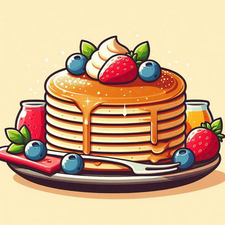 Illustration of a Stack of Pancakes with Berries and Honeyのイラスト素材