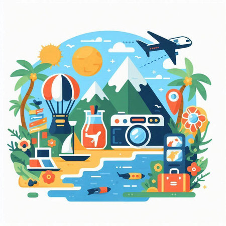 Travel and tourism flat vector illustration. Vacation and travel concept.のイラスト素材
