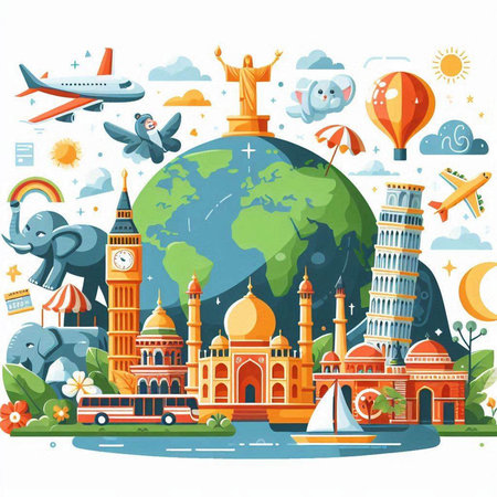 Travel around the world. Vector illustration in flat cartoon style. World famous landmarks.のイラスト素材