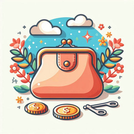 Illustration of a purse and coins on a background of nature.のイラスト素材