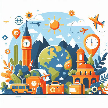 Flat design vector illustration concept of traveling around the world. Travel and tourism.のイラスト素材