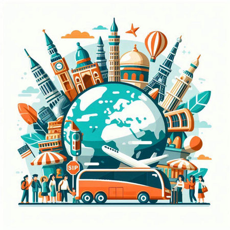 Travel around the world concept. Tourists traveling around the world. Vector illustrationのイラスト素材
