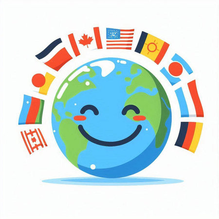 Happy earth with flags on white background. Vector illustration of happy world.のイラスト素材