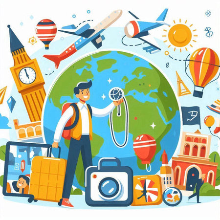 Traveling around the world concept. Vector illustration in cartoon style.のイラスト素材
