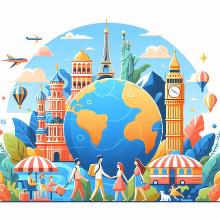 Travel around the world. Traveling around the world. Vector illustrationのイラスト素材