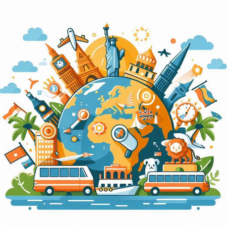Travel around the world. Traveling around the world concept. Vector illustrationのイラスト素材
