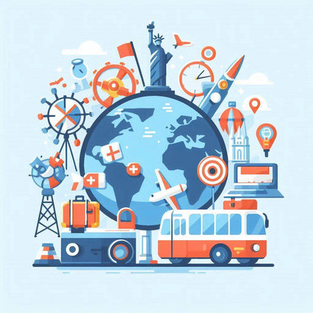 Travel around the world. Vector illustration in flat design style. Traveling around the world.のイラスト素材