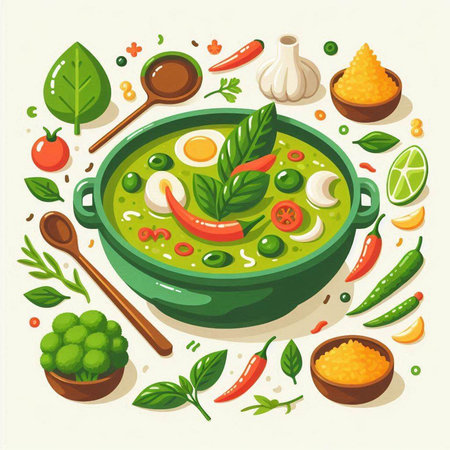 Spicy green curry soup in bowl with ingredients. Vector illustration.のイラスト素材