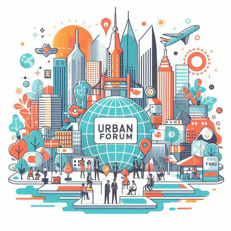 Vector illustration of modern city with people and big globe on white backgroundのイラスト素材