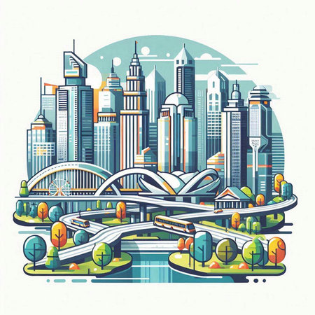Modern city landscape with skyscrapers, bridge and river. Vector illustration.のイラスト素材