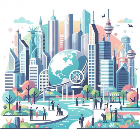 Vector illustration of people walking in the city park with modern buildings.のイラスト素材