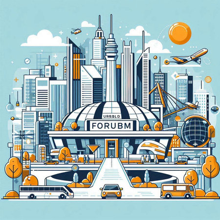 Vector illustration of modern city with skyscrapers, bus, train, bus and transport.のイラスト素材