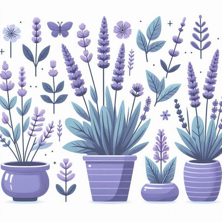 Lavender and lavender flowers in pots. Vector illustration.のイラスト素材