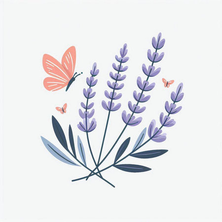 Lavender flowers with butterfly. Hand drawn vector illustration in watercolor style.のイラスト素材