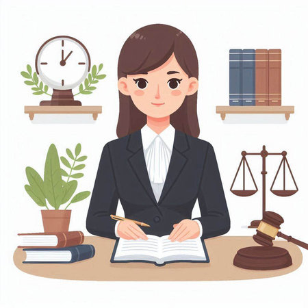 Woman lawyer sitting at desk and writing in notepad. Lawyer, attorney, jurist, judge, lawyer, attorney. Flat style vector illustration.のイラスト素材