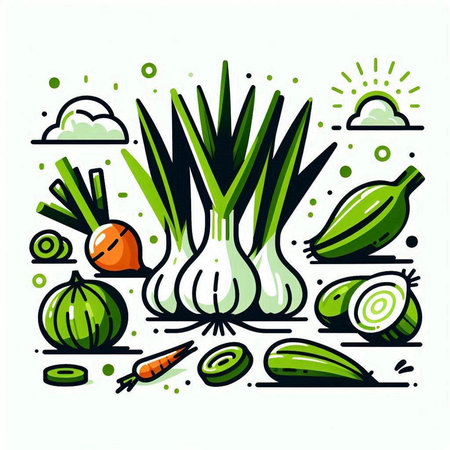 Vector illustration of fresh green onion, carrot, onion, zucchini, garlic, onion.のイラスト素材