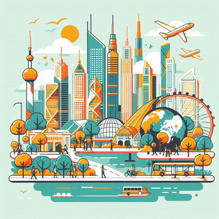 Cityscape with skyscrapers, trees and people. Vector illustrationのイラスト素材