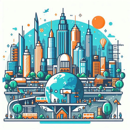 Vector illustration of modern city landscape with buildings, roads and people.のイラスト素材