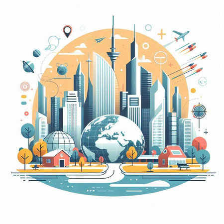 Modern city landscape with buildings and skyscrapers. Vector illustration.のイラスト素材