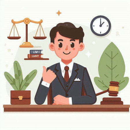 Lawyer with scales of justice and gavel. Flat style vector illustration.のイラスト素材