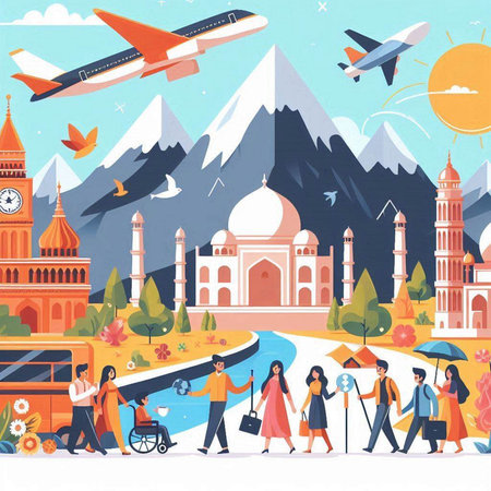 Travel to India concept. Vector illustration in flat style. Tourists walking on the background of famous landmarks.のイラスト素材