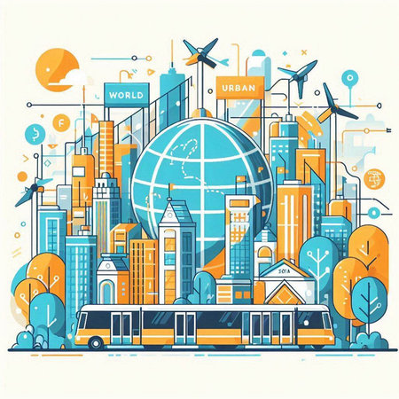 Modern cityscape with buildings and skyscrapers. Vector illustration.のイラスト素材