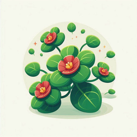 Vector illustration of a green plant with red flowers and green leaves.のイラスト素材