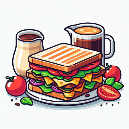 Vector illustration of a sandwich with cheese, tomato, cucumber, lettuce, tomato and coffeeのイラスト素材