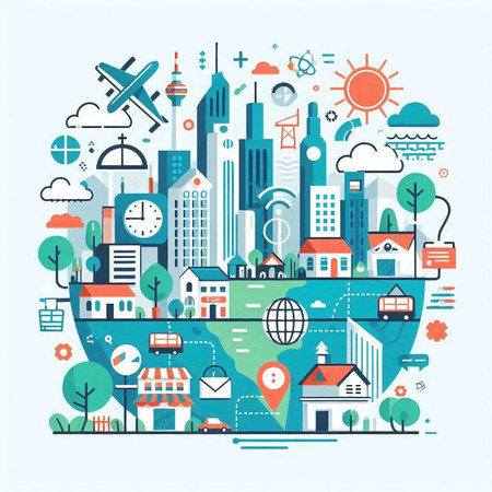 City with buildings, trees and transport icons. Modern flat vector illustration.のイラスト素材