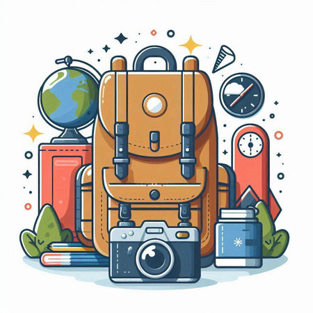 Backpack, camera, map and other travel items. Vector illustration.のイラスト素材
