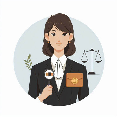 Business woman holding a magnifying glass and a briefcase. Vector illustration.のイラスト素材