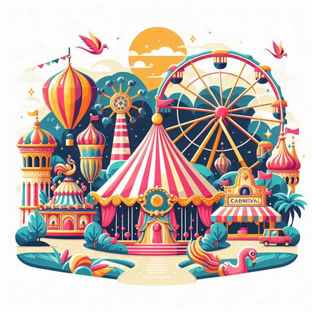 Amusement park vector illustration. Funny amusement park with colorful attractions.のイラスト素材
