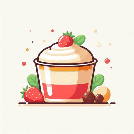 Creamy yogurt with strawberries. Vector illustration in cartoon style.のイラスト素材