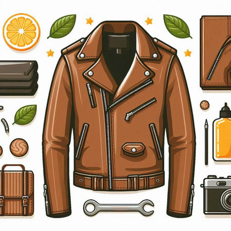 Vintage leather jacket and accessories. Vector illustration in cartoon style.のイラスト素材
